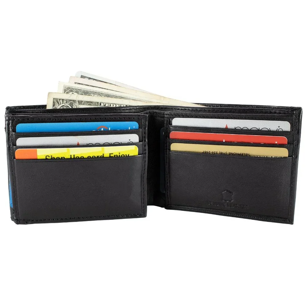 Leather Mens Wallet in Lambskin Leather, Black, Bifold Wallet